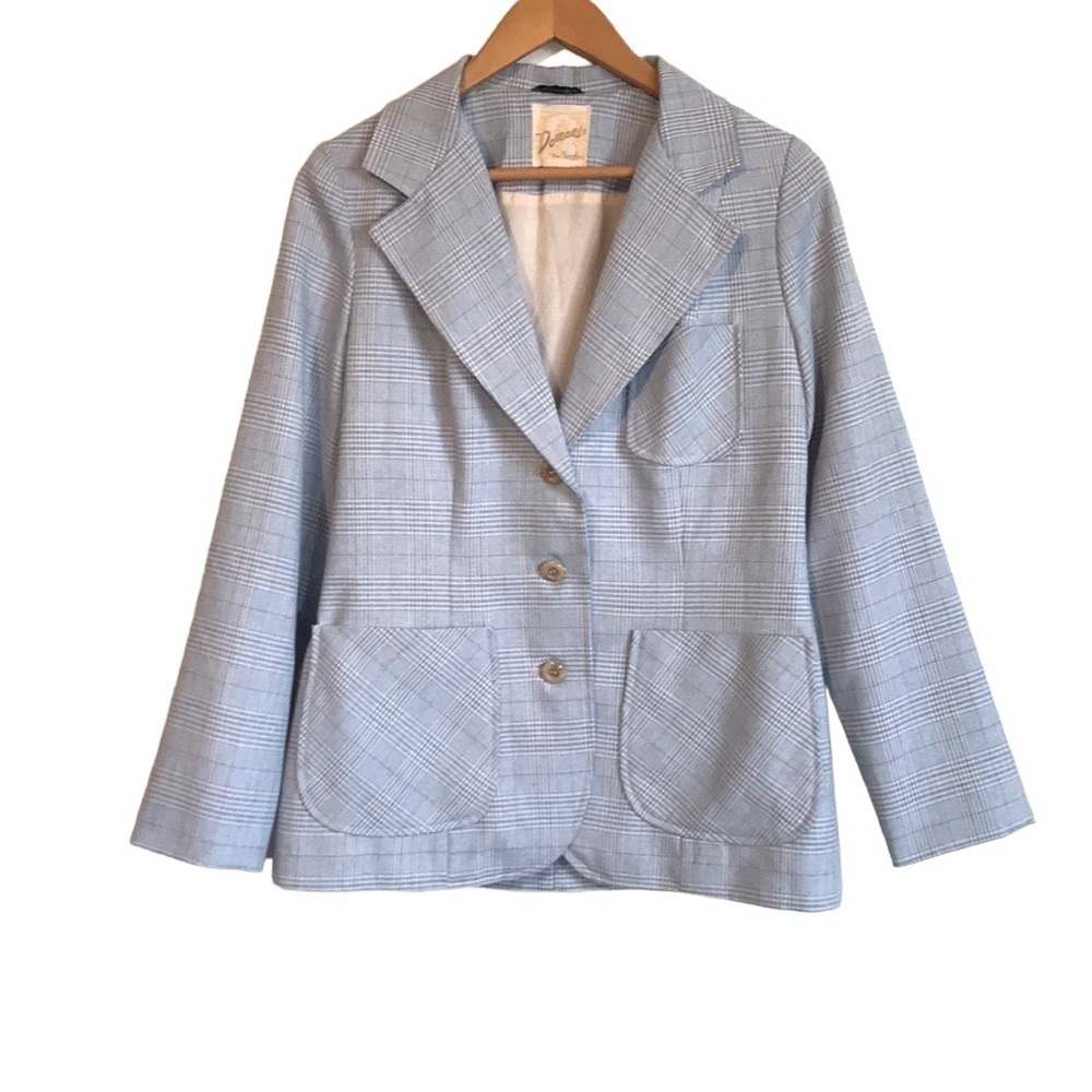 Domani by Niccolini vintage plaid blazer light blue white brown medium